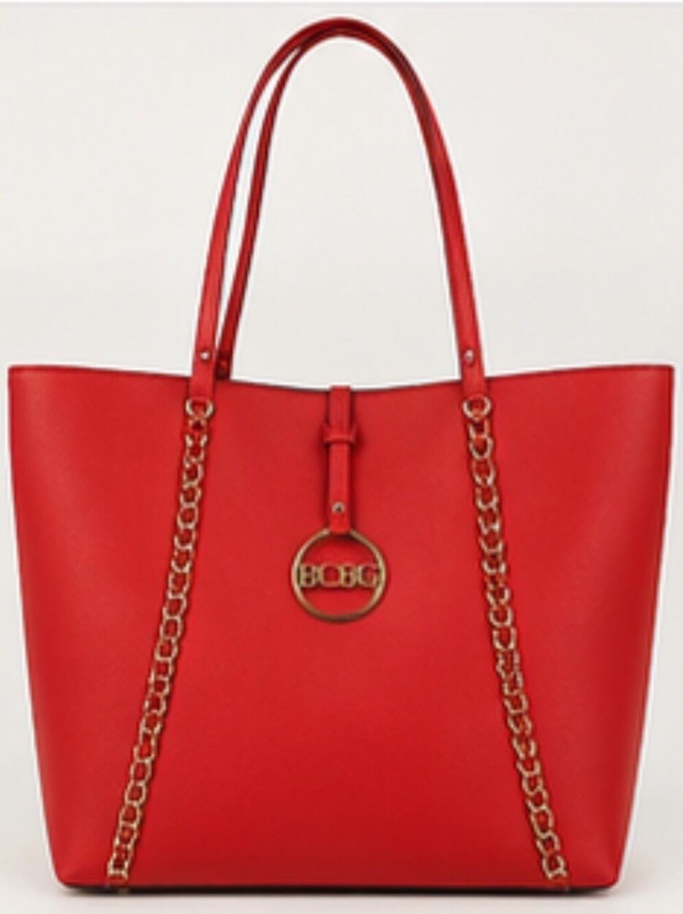 BCBG Paris Red Tote Handbag Faux Leather Gold Chain Accent Shoulder Bag